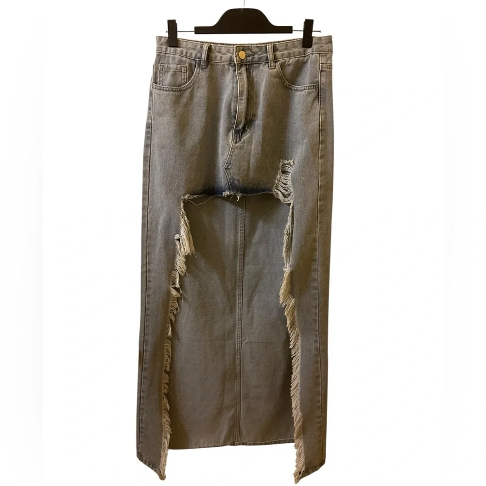 Fashion Nova High-Waist Distressed Maxi Denim Skirt size L